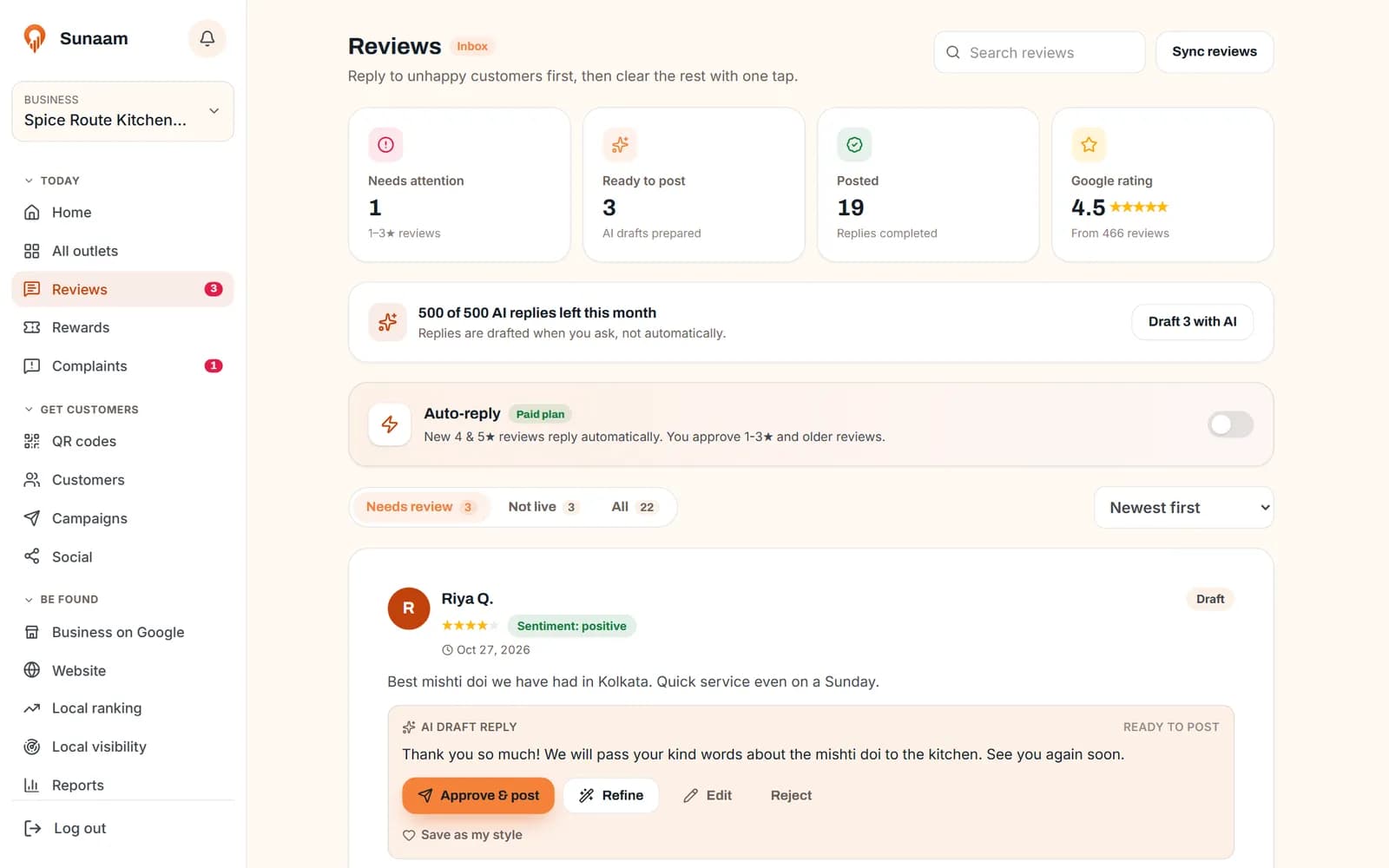 An outlet's review inbox with a reply ready to approve