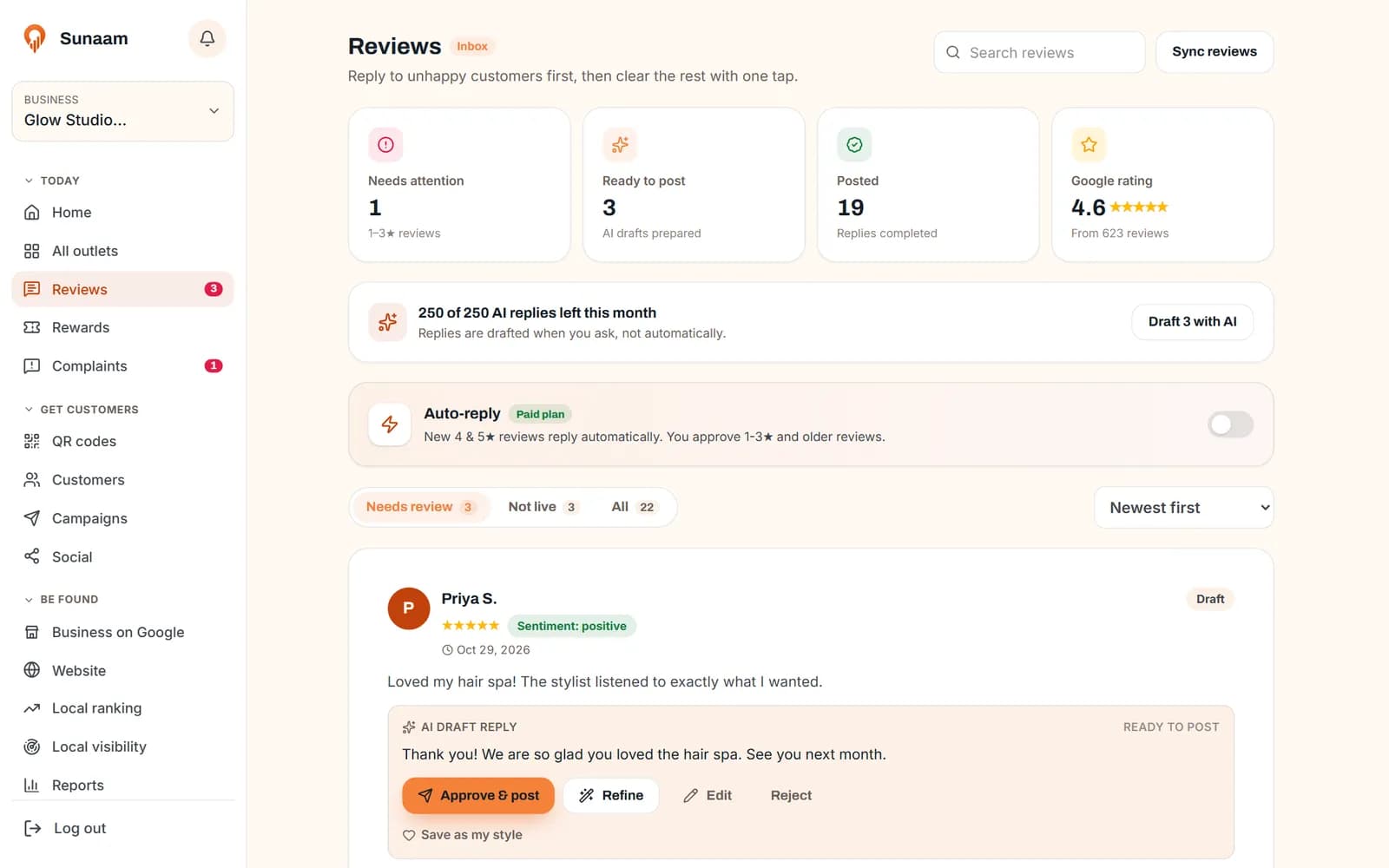 A branch's review inbox with a reply ready